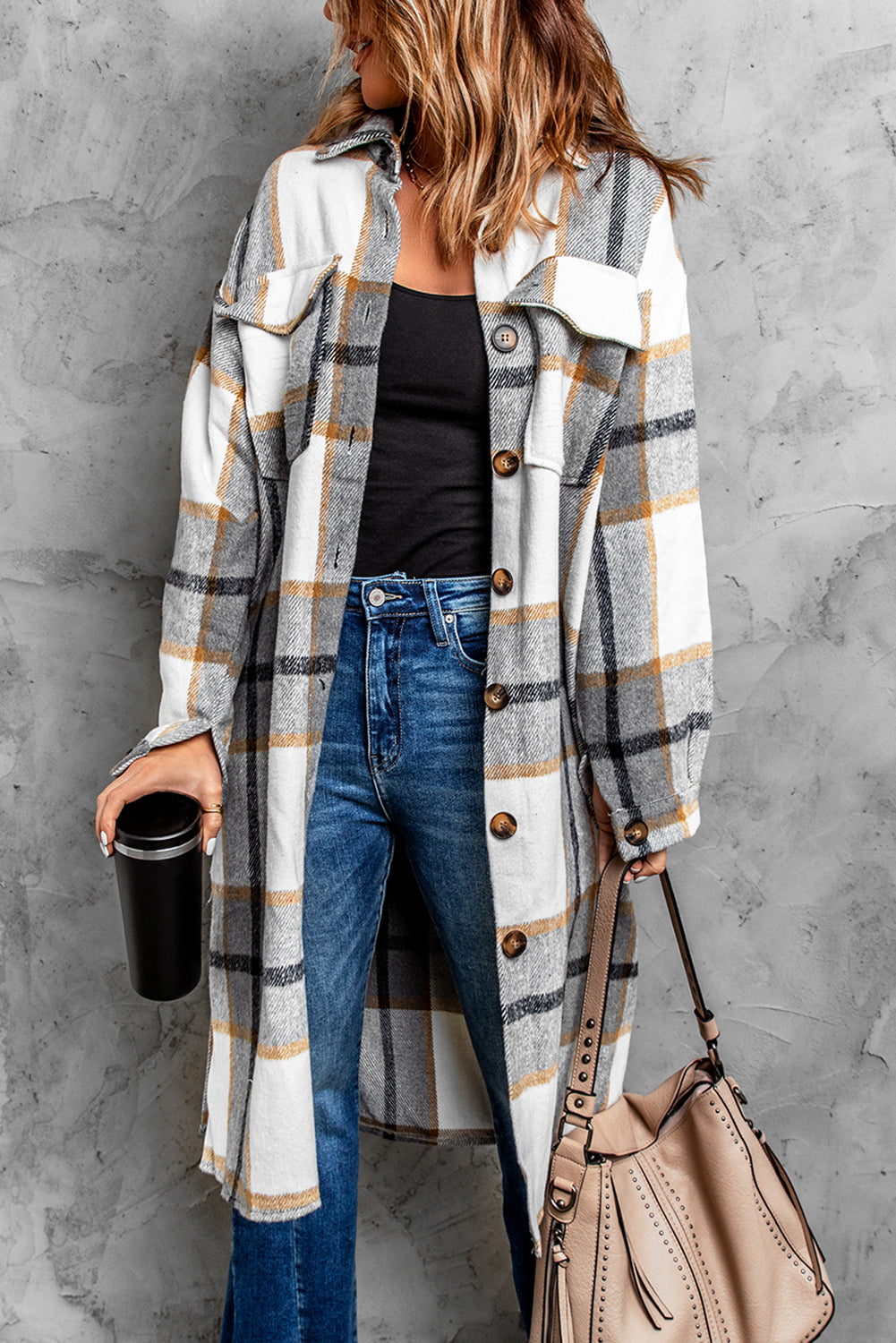 Plaid Button Down Side Slit Dropped Shoulder Duster Coat