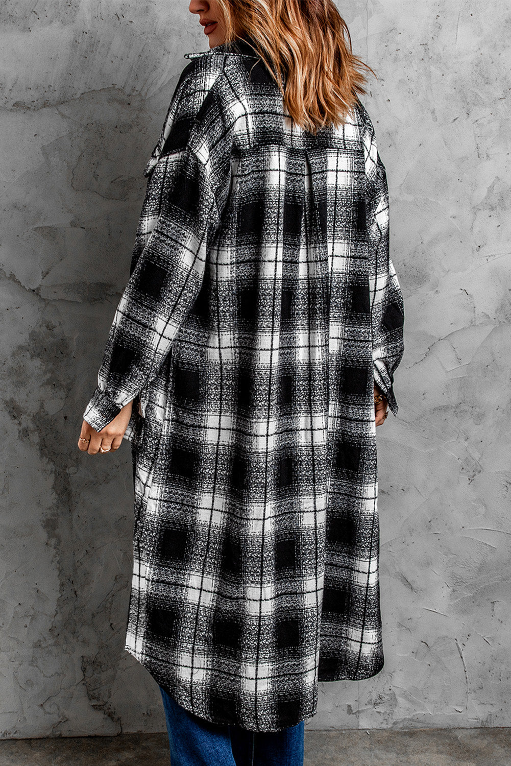 Plaid Button Down Dropped Shoulder Duster Coat