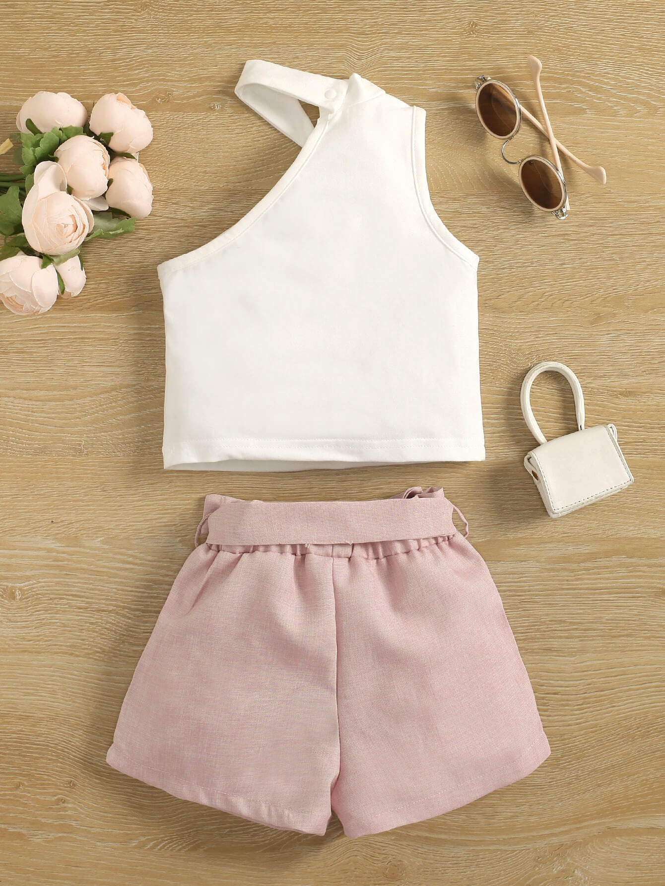 Girls One-Shoulder Top and Belted Shorts Set