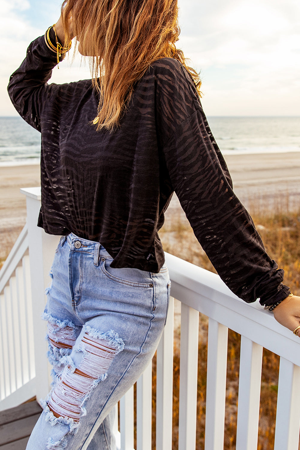 Zebra Print Dropped Shoulder Long Sleeve Top