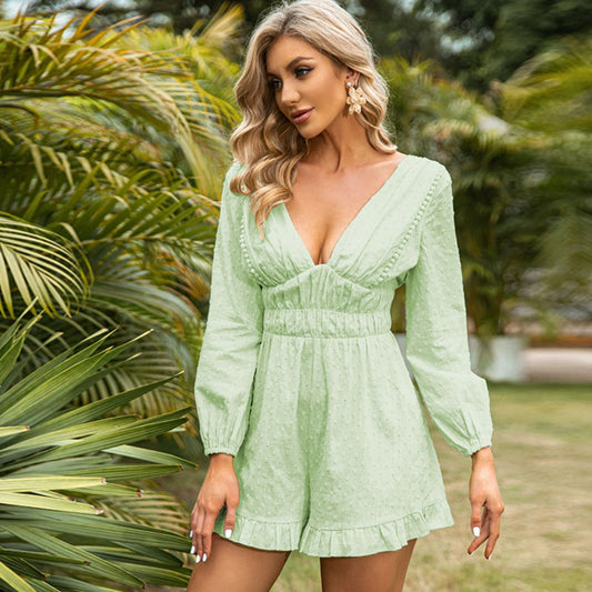 Swiss Dot Frill Trim Plunge Romper