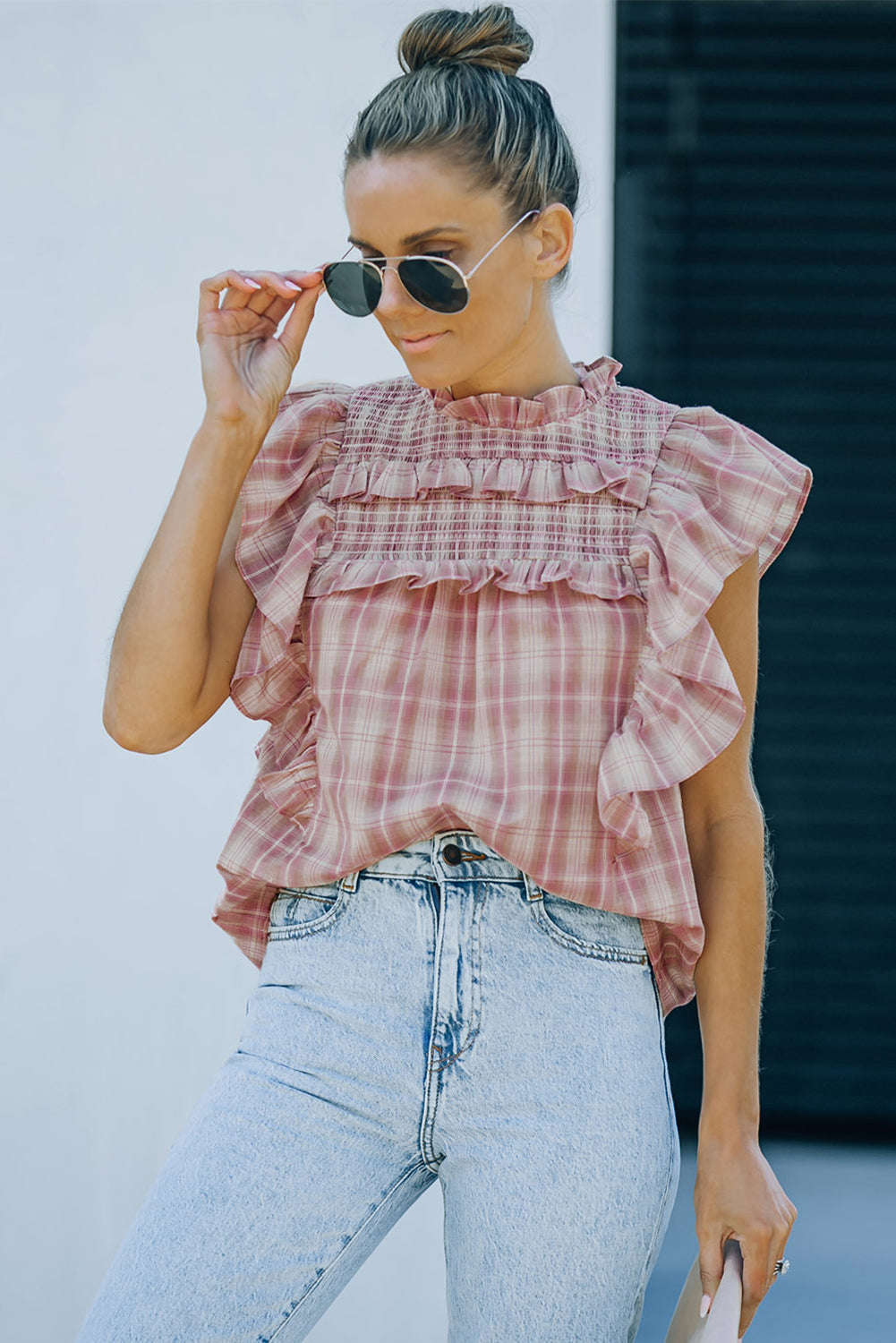 Plaid Ruffle Trim Smocked Top