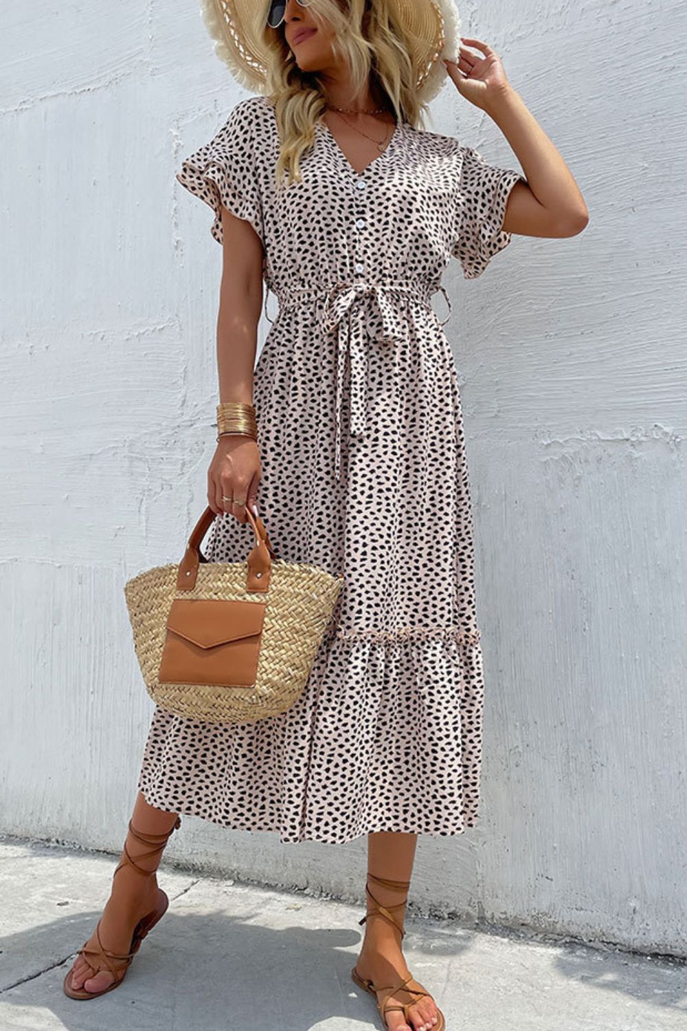 Printed V-Neck Belted Frill Trim Midi Dress