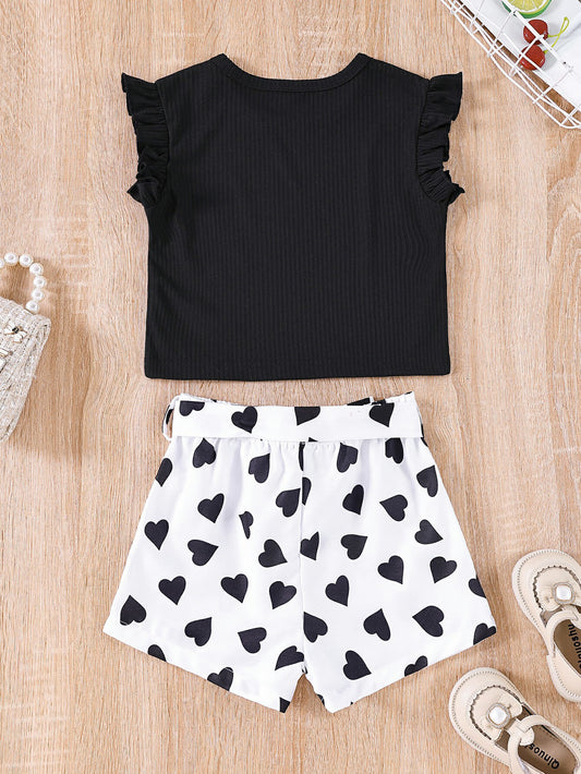 Girls Ribbed T-Shirt and Printed Shorts Set