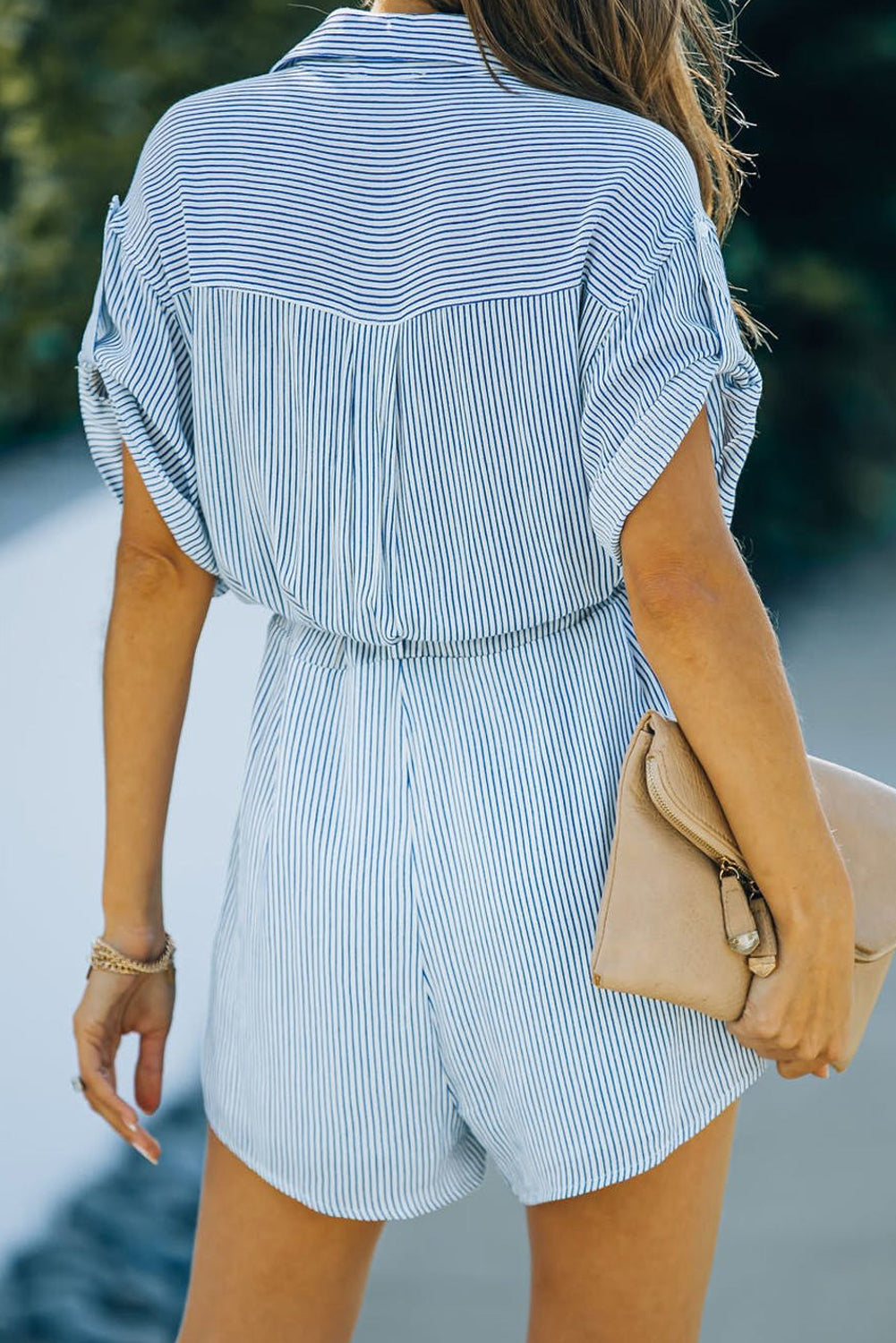 Striped Collared Neck Belted Romper