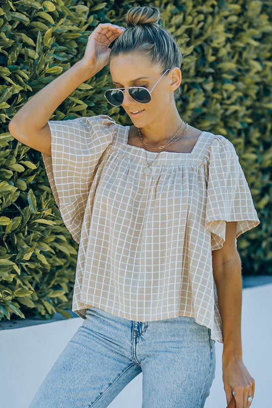 Plaid Tie-Back Square Neck Top